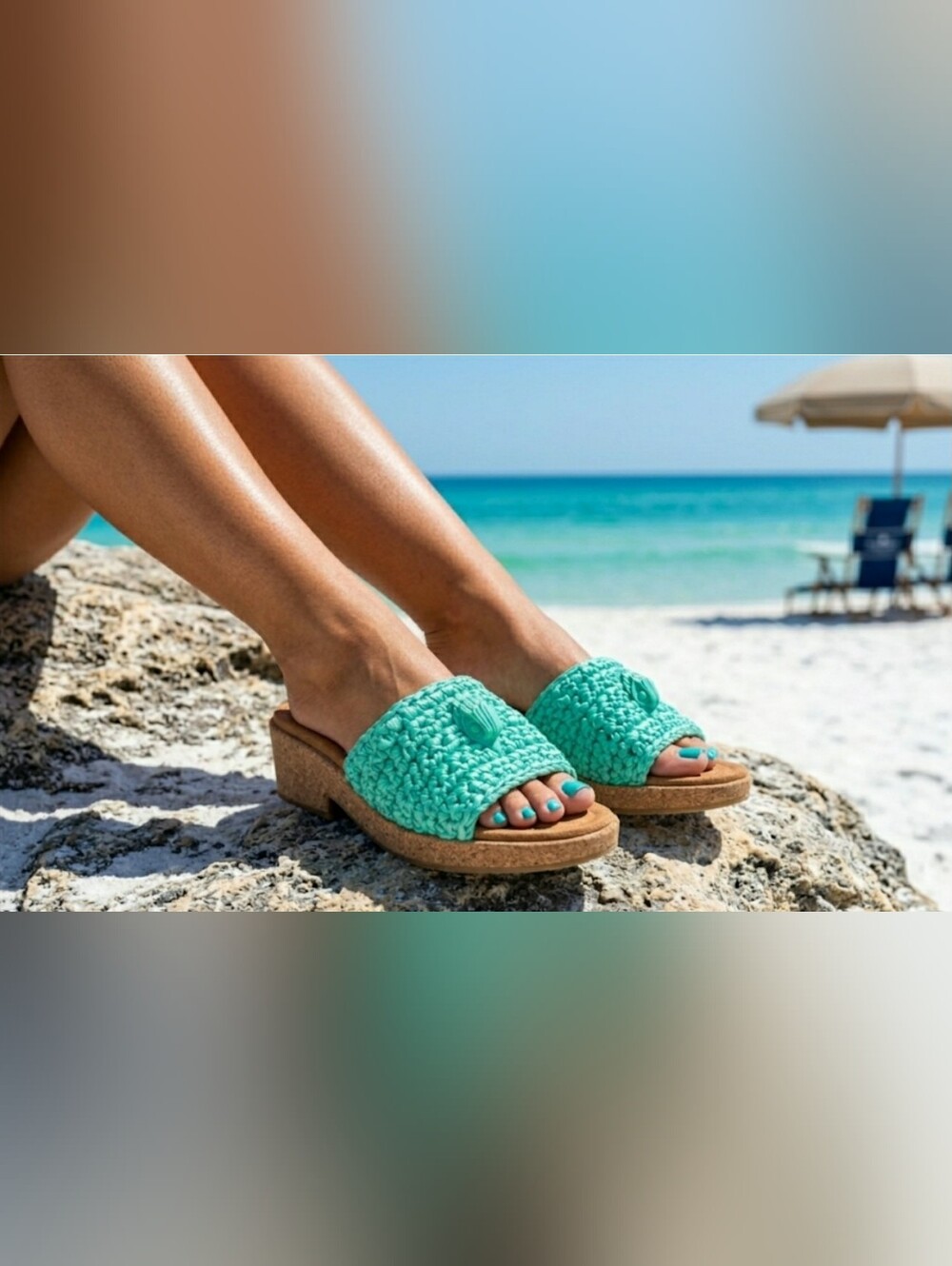 Kurt Geiger Slide Mule Chunky Platform Turquoise Crochet Sandals Sz 40 9/9.5 New